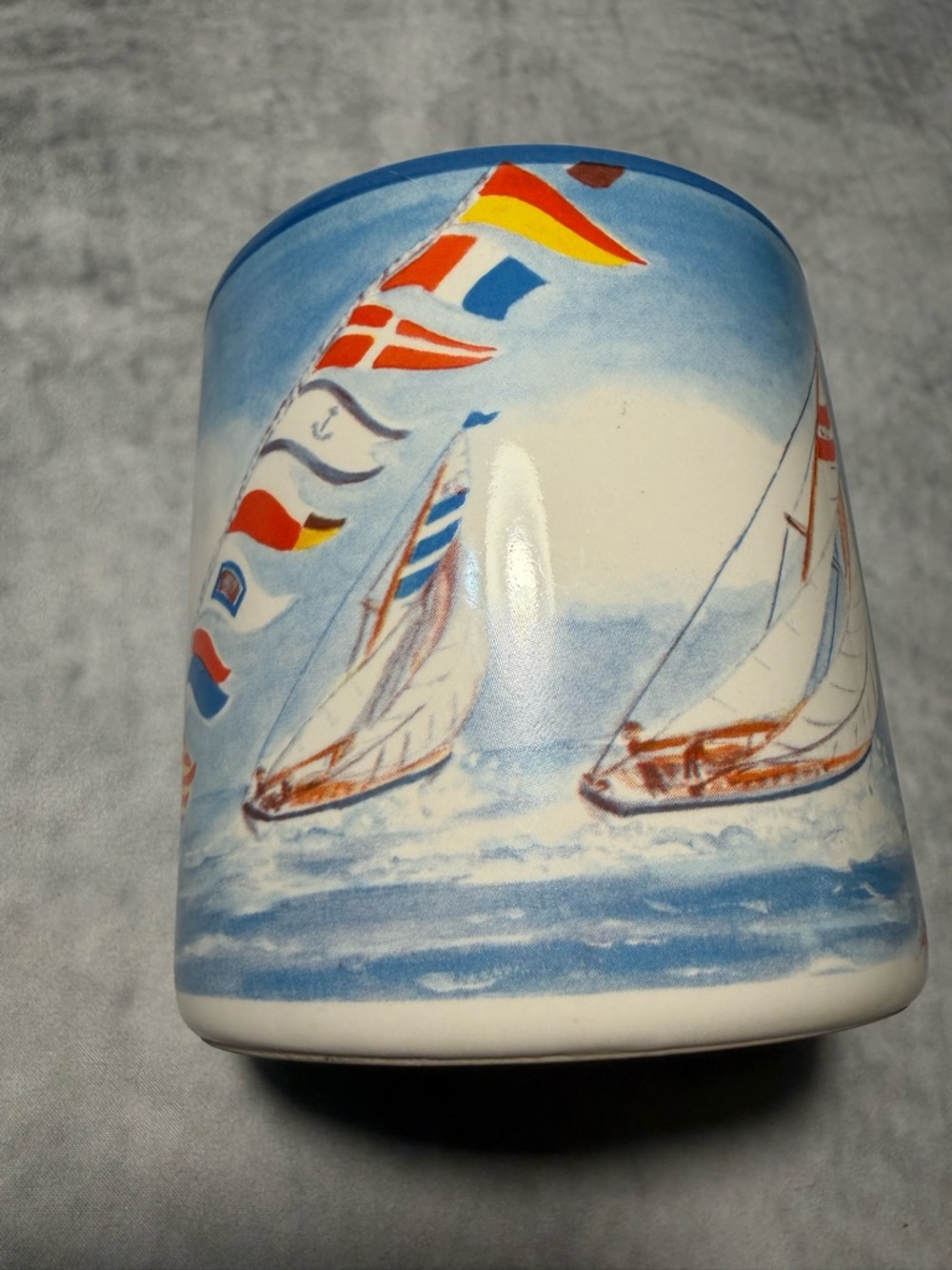 Vintage Sailboat Nautical Coffee Mug Flags Lighthouse Blue Interior 1997